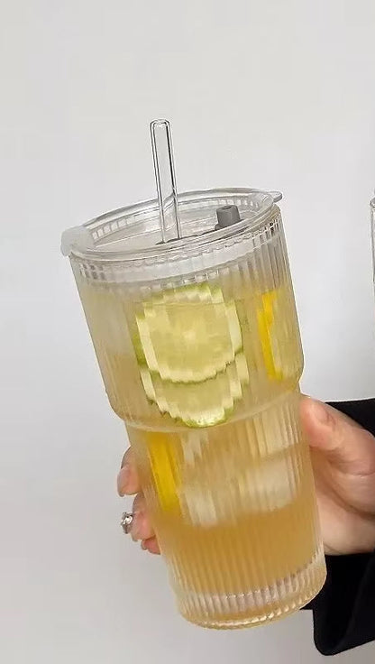 600ML Stripe Glass Coffee Cup with Lid and Straw Transparent Drinking Glasses for Juice Milk Tea Cups Iced Coffee Mugs Drinkware